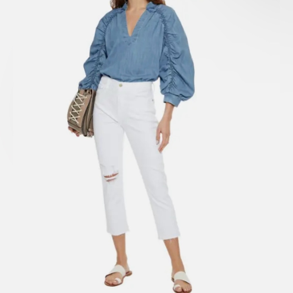 Frame Le Beau Cropped Distressed High Rise Slim Leg Jeans in White Size 26 - Picture 1 of 5